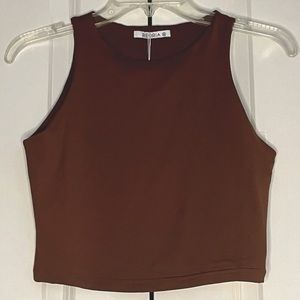 BNWT REORIA Women's Racerback High Neck Crop Tank Top (M,Chocolate/Coffee Brown)